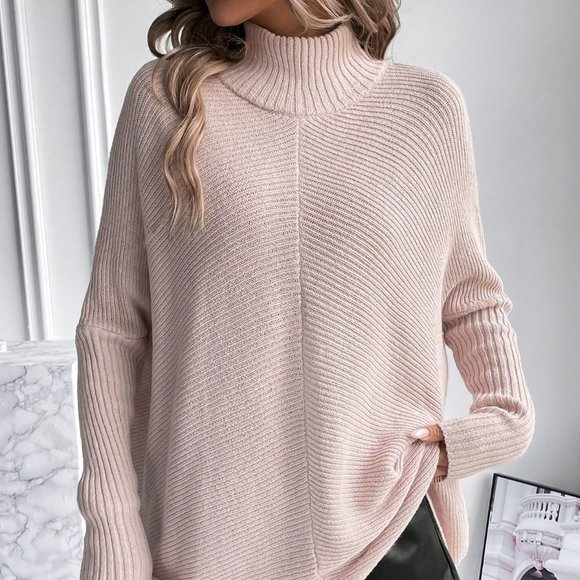 Dusty Pink Boho Womens Turtleneck Batwing Sleeve Ribbed Knit Sweater - Picture 5 of 5